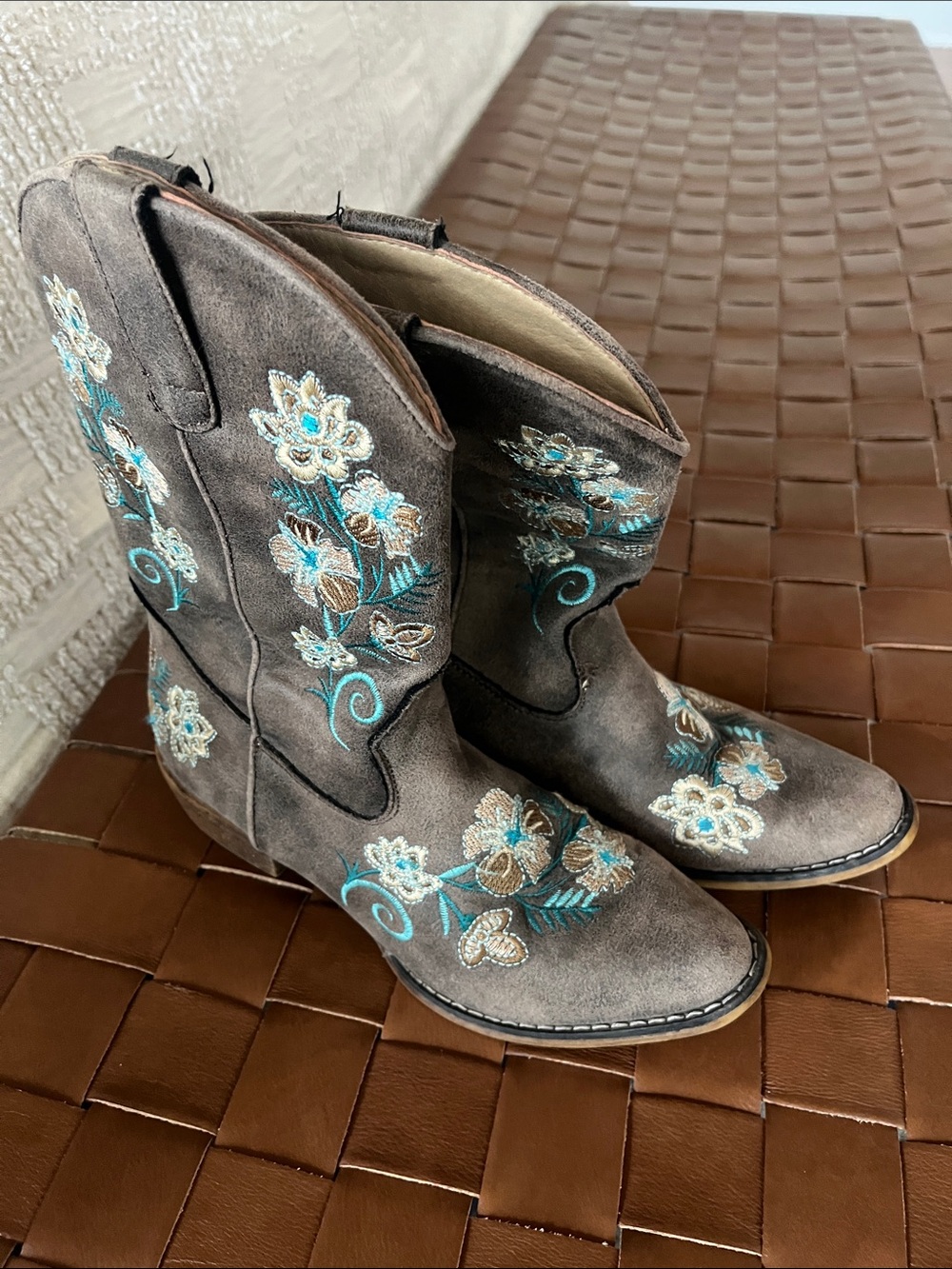 Roper Taupe Kids Western Boots with Turquoise Floral Embroidery